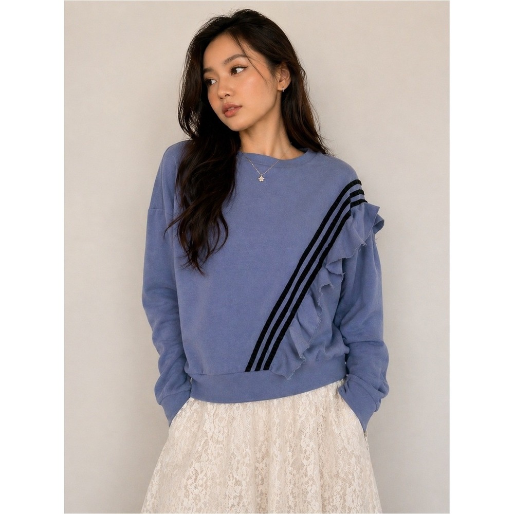 Coquette Ruffle Sweatshirt Blue Velvet Stripe Pullover-M